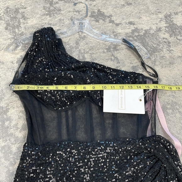 NWT Mac Duggal One Shoulder Sheer Bustier Side Drape Sequin Dress Mini Black 8 - Picture 13 of 16
